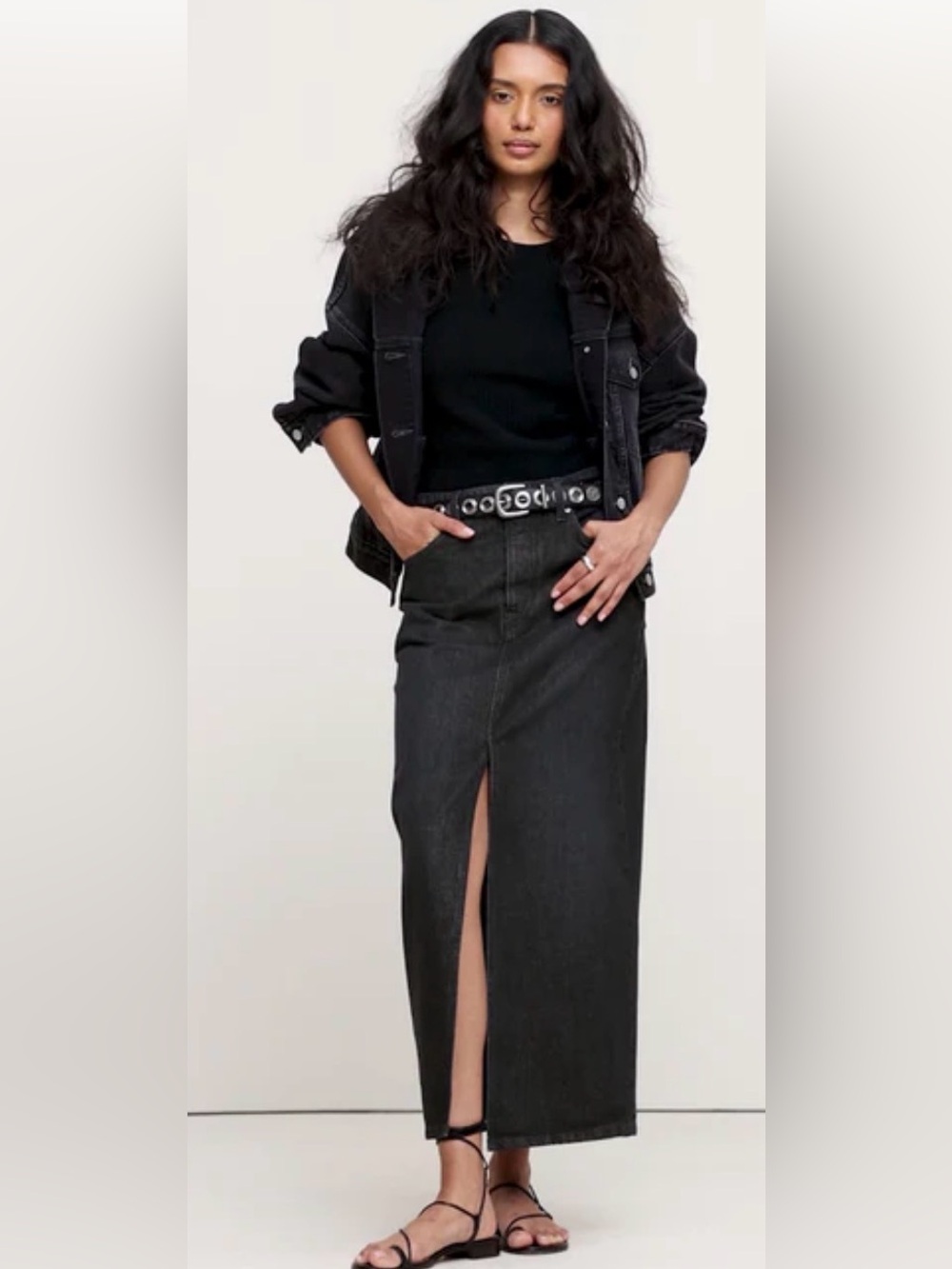 Banana Republic Black Maxi Denim Skirt with Front Slit 6